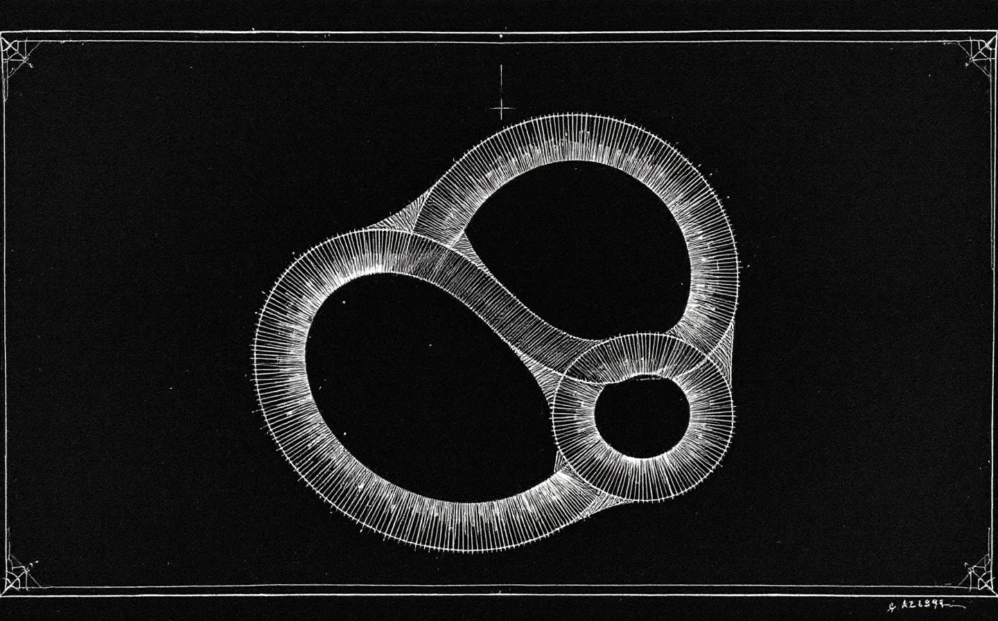 A cold gothic engraving-style plate of an abstract cyclic heptapeptide ring with a slate lactam bridge and one crimson active-residue node, inside a pointed-arch frame on a deep blue-black ink ground